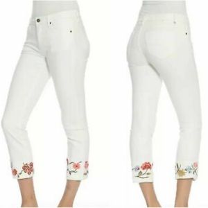 White Floral Embroidered Crop Women Jeans